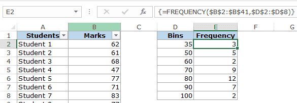 Histogram in Excel - frequency function